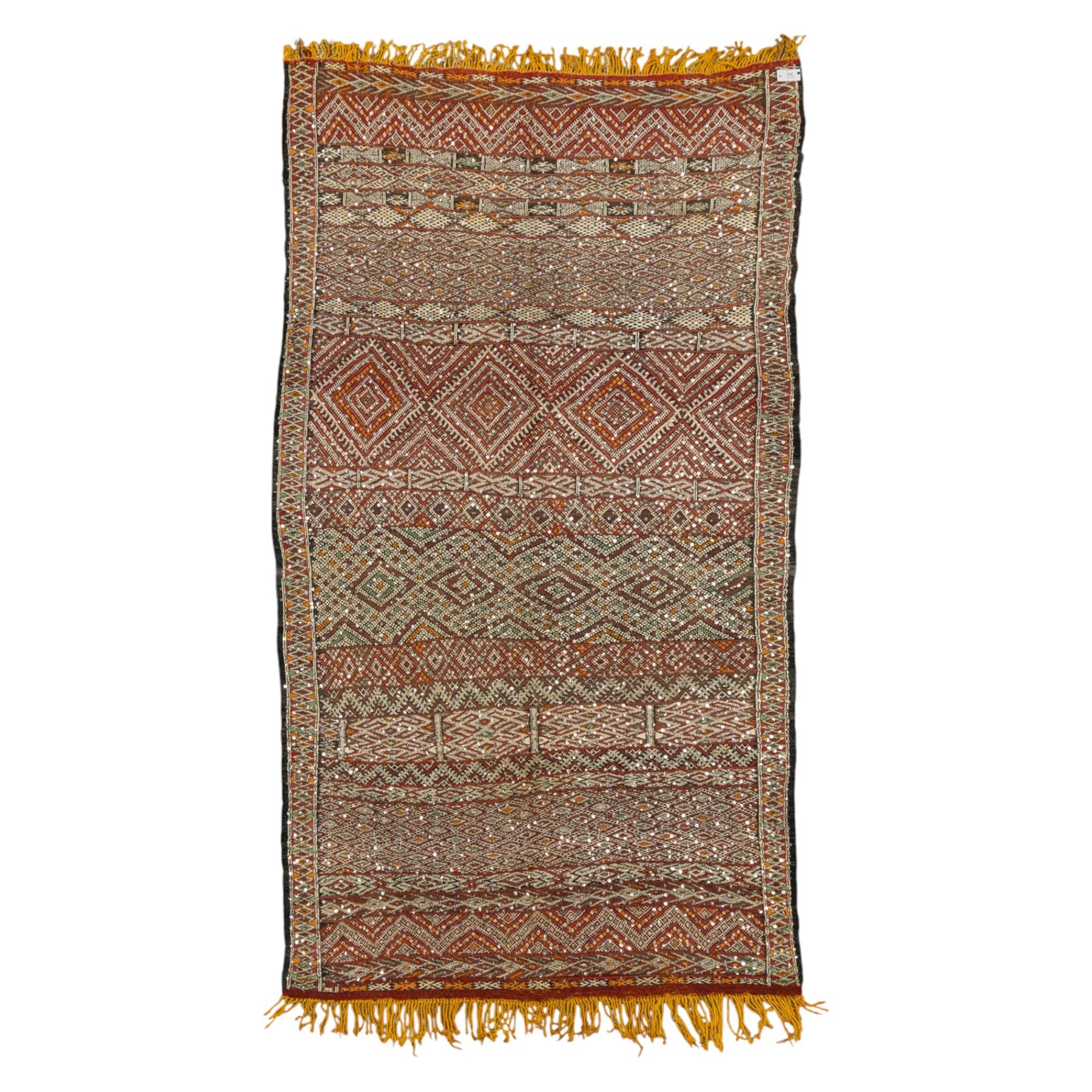 Moroccan Berber kilim rug, flatwoven with bands of geometric lozenge and chevron motifs in red, orange, ivory and green, decorated with applied sequins, fringed ends