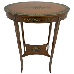 Edwardian satinwood side table, oval top hand painted with central fan motif and trailing flower heads, on square tapering supports terminating to out-splayed feet, united by moulded undertier 
