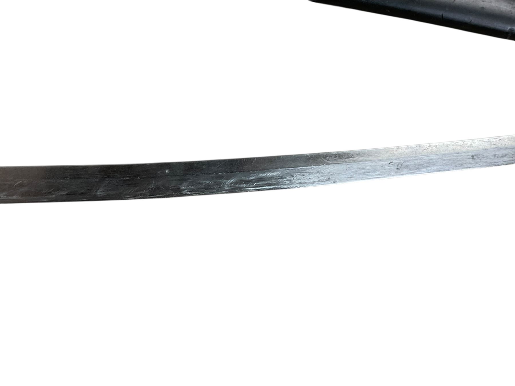Replica Japanese katana with 63cm curved single edged blade in scabbard, overall L93cm, together with dagger with brass handle in a leather scabbard 