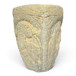 Cast stone Romanesque design urn of tapering form, decorated in relief with motifs of zoomorphic figures and swans within foliate and guilloche cast architectural arches with Neoclassical columns, in weathered finish
