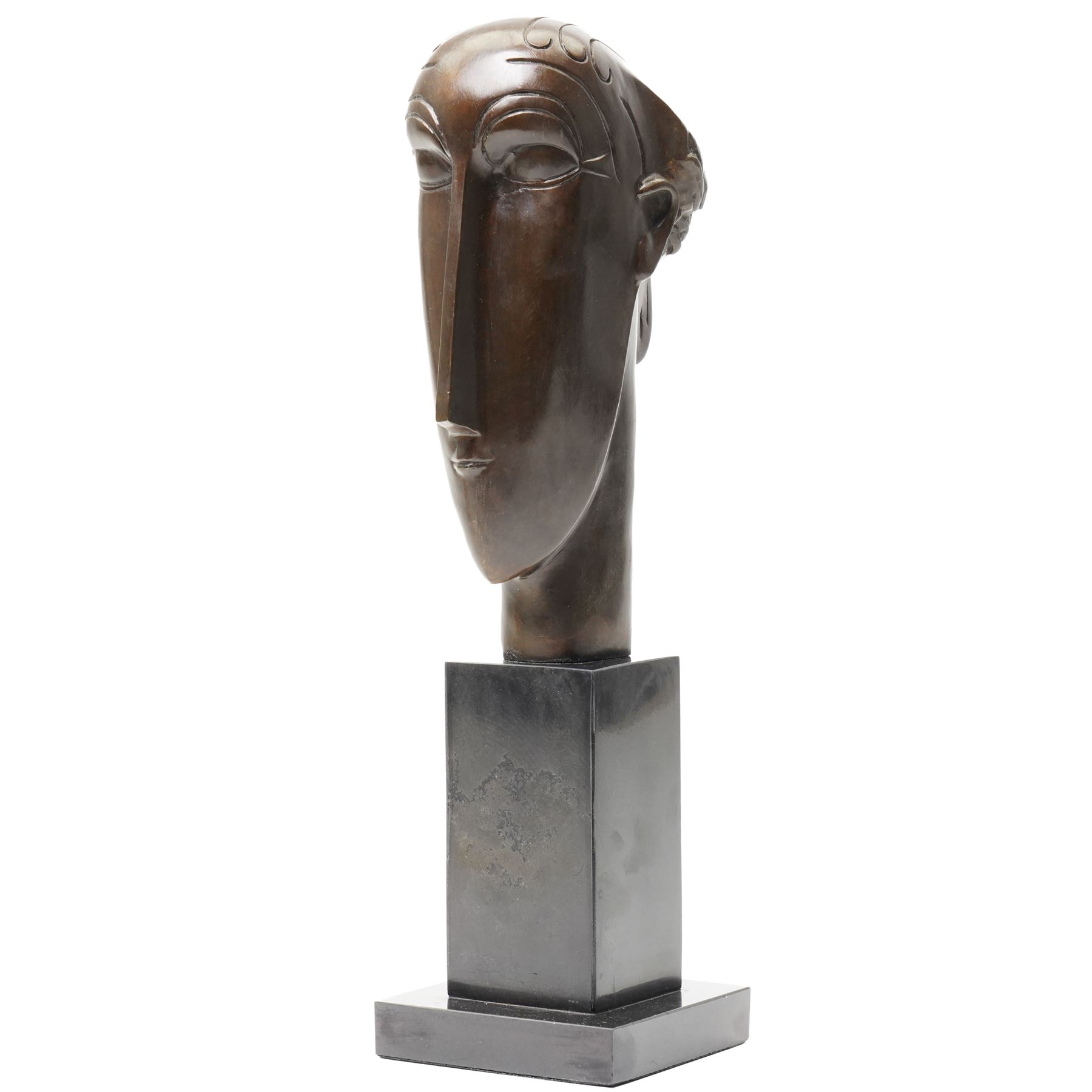 After Amedeo Modigliani (Italian 1884-1920): Head of a Young Woman, bronze on stepped marble plinth, overall H36.5cm