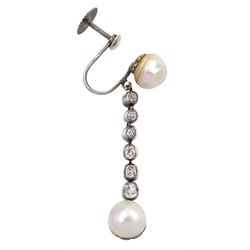  Early 20th century silver pearl diamond pendant screw back single earring, six graduating milgrain set old cut diamonds, set between two white pearls
