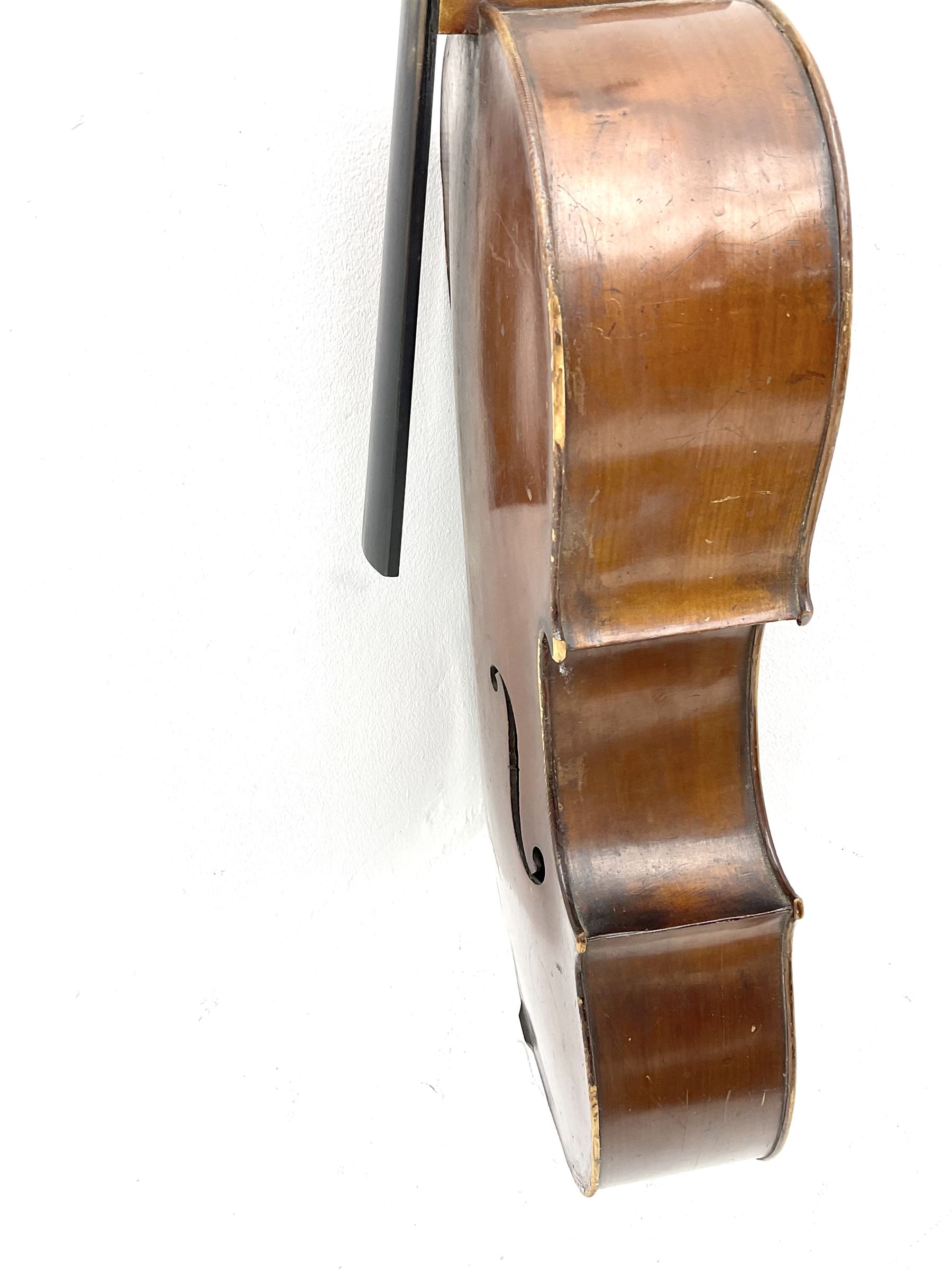 German Saxony three-quarter size cello for restoration, c1920, with 69cm two-piece maple back and ribs and two-piece spruce top, L111cm overall; with bow and canvas carrying case