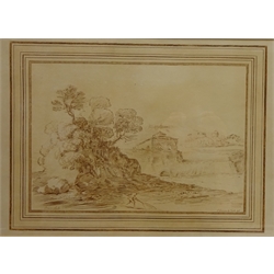  Shepherd and Sheep in Rural Landscape, 19th century watercolour signed with monogram G F R?, Figures in a Landscape, two etchings by James Basire after Guercino and two others by Bartolozzi max 27.5cm x 46.5cm (5)  