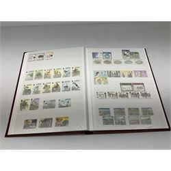 Great British, Channel Islands and World stamps, including used Queen Victoria and later stamps on stockcards and loose in containers, Guernsey mint stamps on cards, Jersey, Guernsey, Alderney and Isle of Man mint and used stamps in a stockbook, various first day covers etc and approximately 55 GBP face value of Queen Elizabeth II mint usable postage in presentation packs, in one box