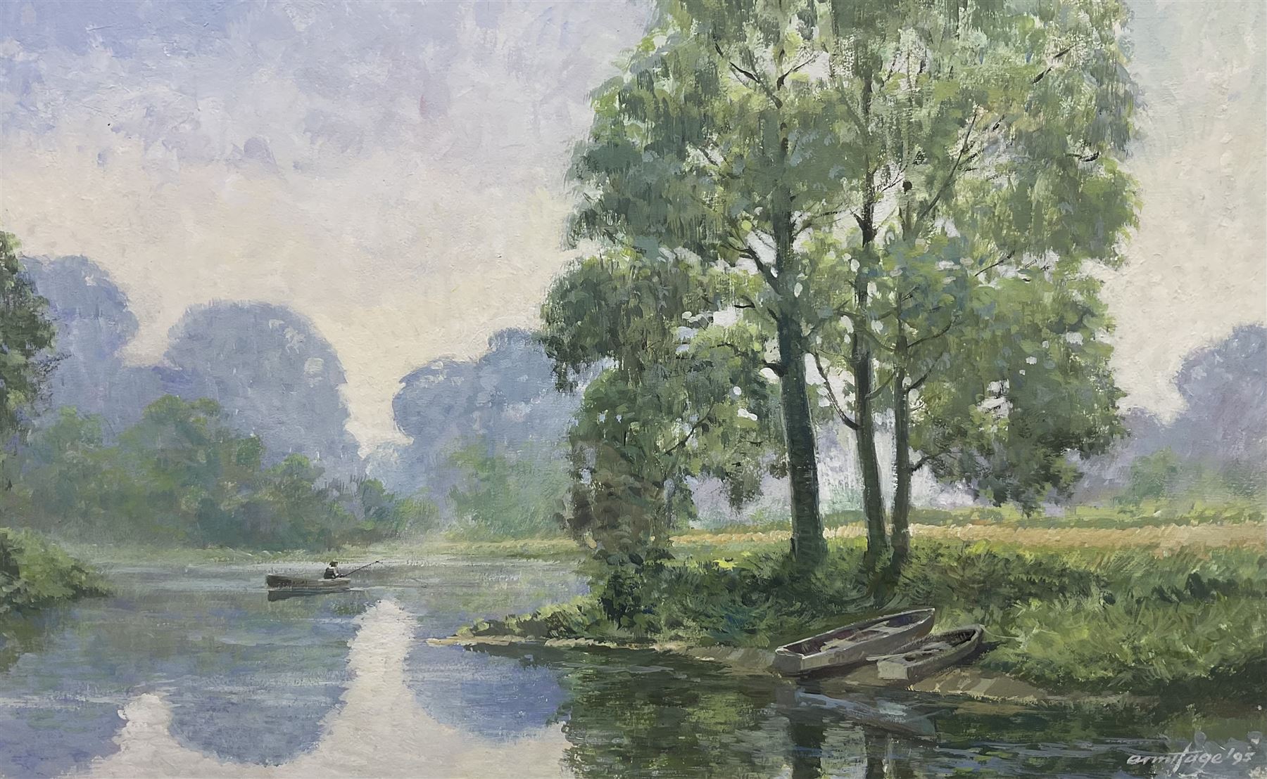 Alan Armitage (British 20th Century): Fishing on the Lake, oil on board signed and dated '95, 30cm x 49cm 