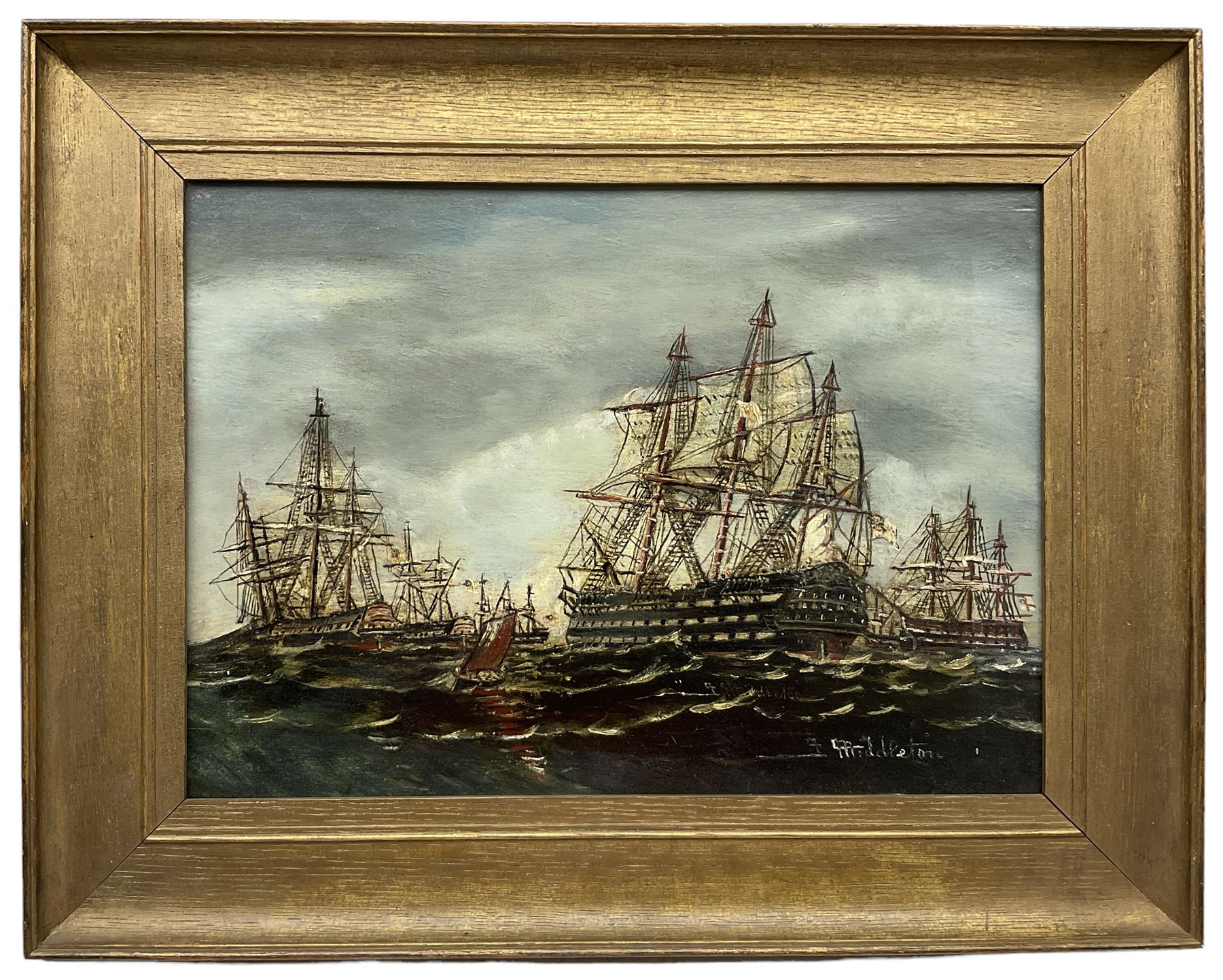 J Middleton (British 19th century): 'Saluting HMS Victory off Spithead Dec 1805', oil on panel signed, inscribed verso 26cm x 36cm