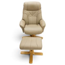 Modern beige leather upholstered swivel armchair and matching footstool, the high back and padded arms with stitched panel detail, raised on laminated beech five and four star bases
