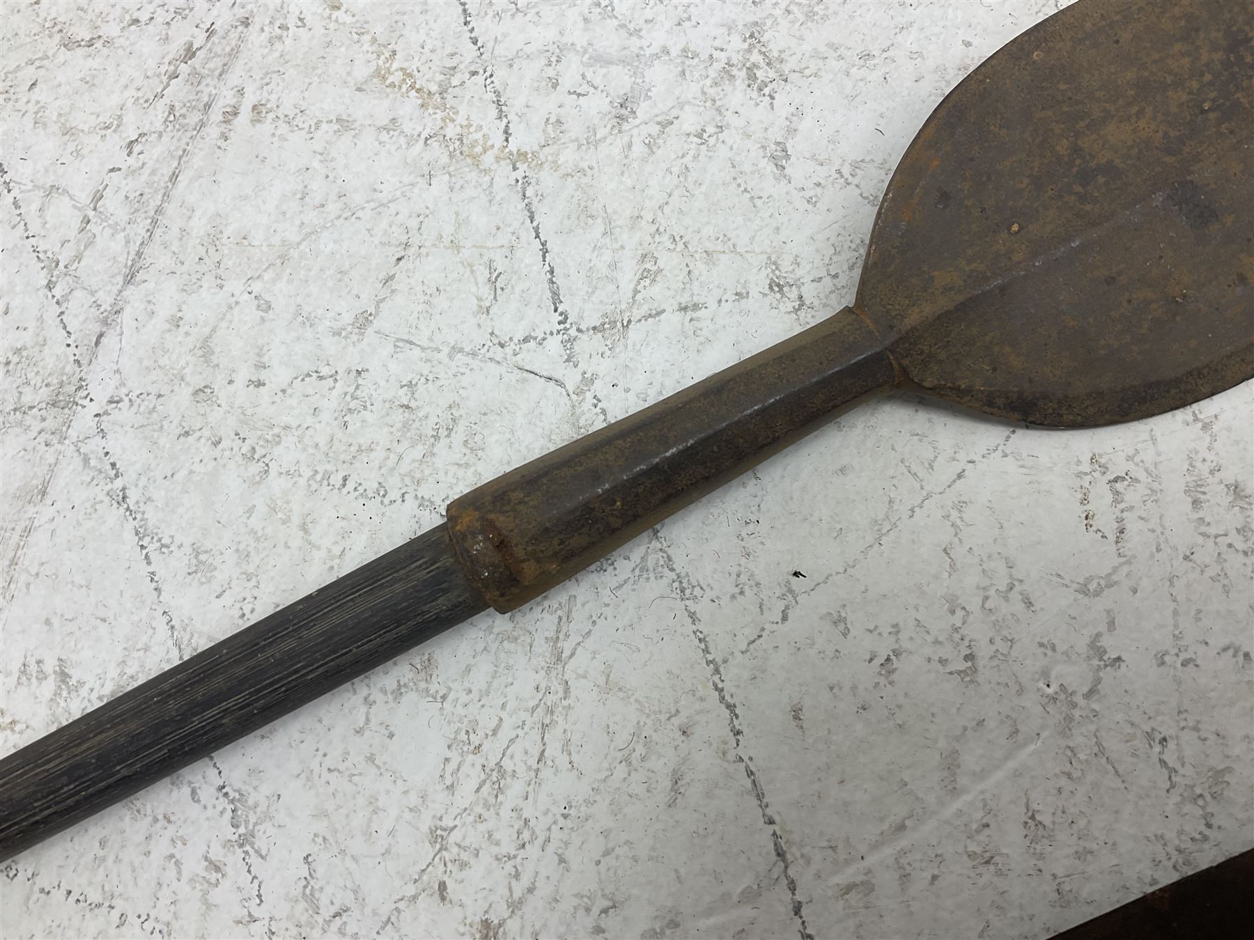 Native long-shafted spear, the large iron head with central medial ridge and decorative neck, on plain circular haft L260cm; and another similar Native long-shafted spear with cane haft L249cm (2)