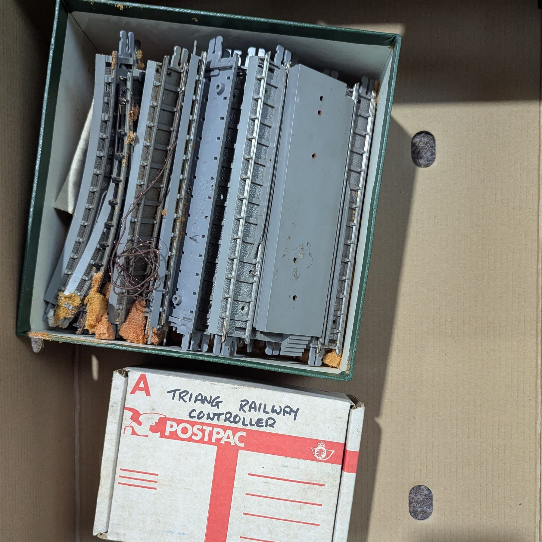 Quantity of OO gauge model railway, Meccano and other items and a pine toy box