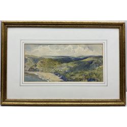 John Spence Ingall (Staithes Group 1850-1936): 'Runswick Bay - looking over the Sands to Hob Holes', watercolour signed, titled on label verso 16cm x 34cm 
Provenance: a wedding present to the artist's godson, Peter Hill, in 1935, thence by descent through the family of Mark Senior. Peter Hill, born 1909, was the son of Ingall's friend and fellow Staithes Group member Rowland Henry Hill.