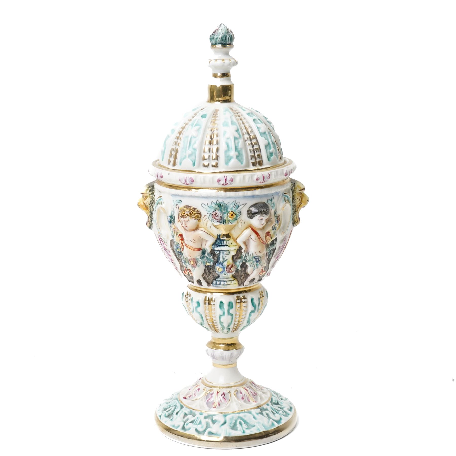 Capodimonte vase and cover decorated with a raised pattern of cherubic figures H32cm, another vases and cover with panels of figures H33cm, bowl and cover with similar decoration D20cm and two other Capodimonte pieces (5)