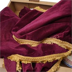 Large burgundy velvet table cover with gold fringe, together with a collection of mixed tableware including a Royal Worcester Crown Ware tureen, etc
