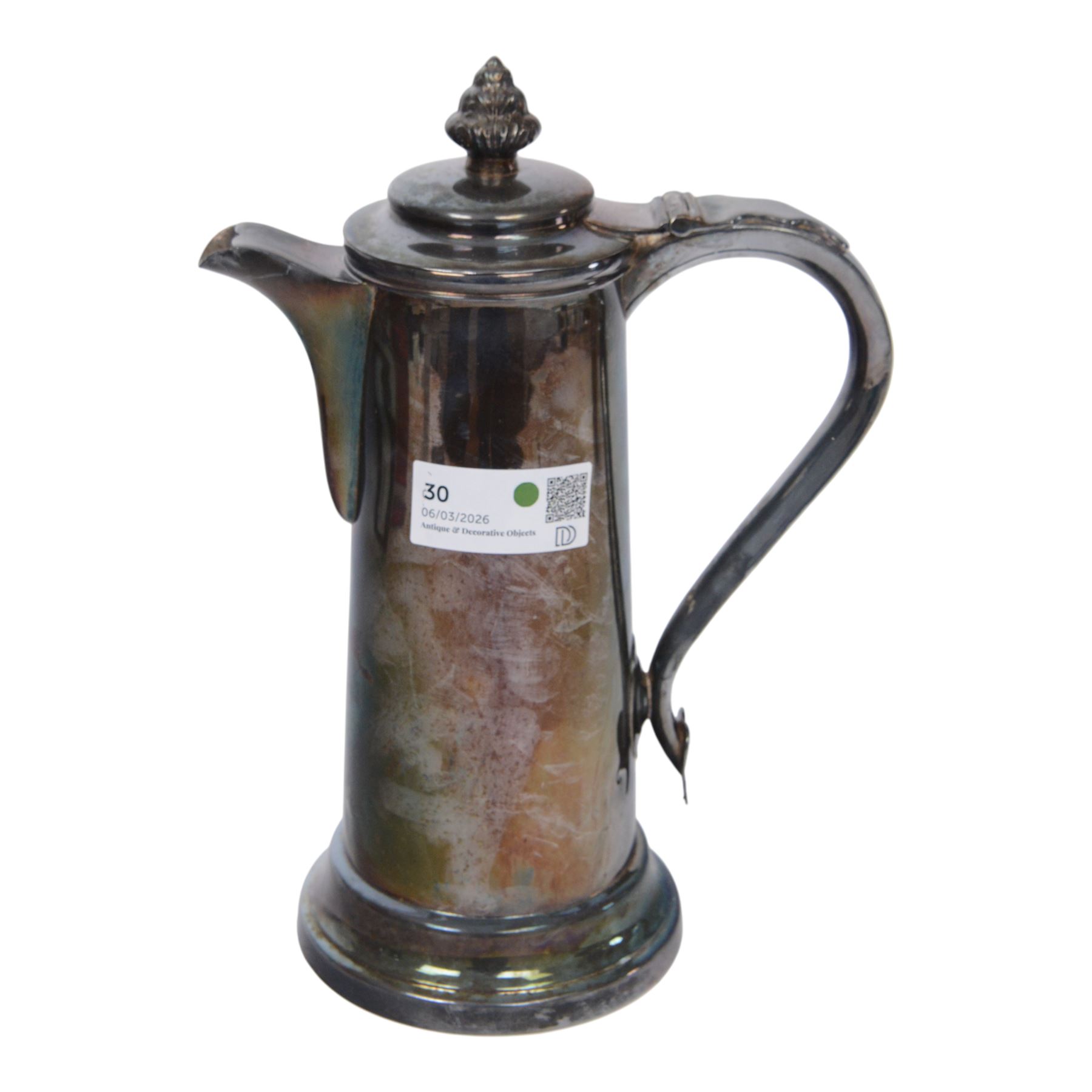 Pair of silver plated three branch candelabra, each with three urn-shaped sconces, with scroll arms, tapering stem upon a circular base, together with silver plated wine flagon