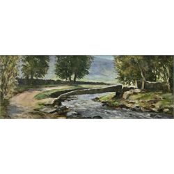 Ken Johnson (British 20th century): River Landscape, oil on canvas signed 27cm x 76cm