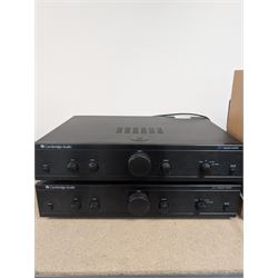 Collection of audio equipment, including Cambridge Audio Integrated Amplifier, two Panasonic speakers, ION Duodeck turntable, Denon DRM 600 tape deck, Teac P160D CD Player and a Tangent DAB radio