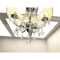 Modern chrome effect chandelier with five scrolling branches supporting swags and drops, approximately H52cm, together with a cream fabric shade, base D50cm