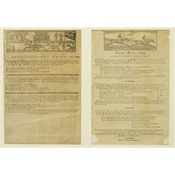 Early 19th century handbill for Malton Races June 1803 'Sagg's only correct and authentic list' with runners and owners 27cm x 18cm, another for 'Boroughbridge Races October 1782', another 'Preston Races July 1799', another 'Doncaster Races September 1802' and another 'York Spring Meeting 1802' in one frame 41cm x 116cm 
Provenance: property of a Nobleman