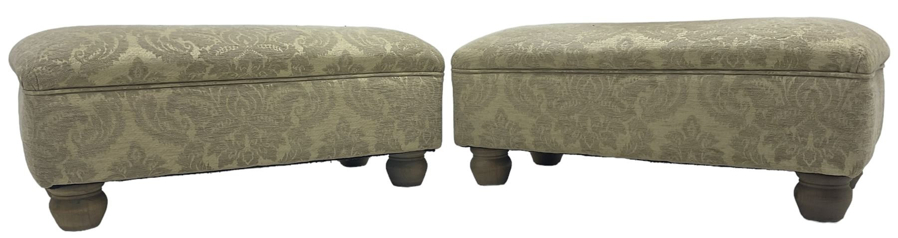 Traditional design three-piece lounge suite - three-seat sofa (W220cm, H90cm, D90cm); two armchairs (W115cm); and two footstools (77cm x 43cm, H31cm); upholstered in cream damask fabric