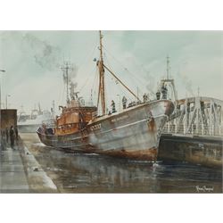 Adrian Thompson (British 1960-): Grimsby Trawler 'Ross Resolution' in Dock, watercolour and gouache signed 27cm x 36cm