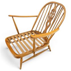Ercol - 'Fleur de Lis' Windsor elm armchair and footstool, with blue gingham checked seat cushions