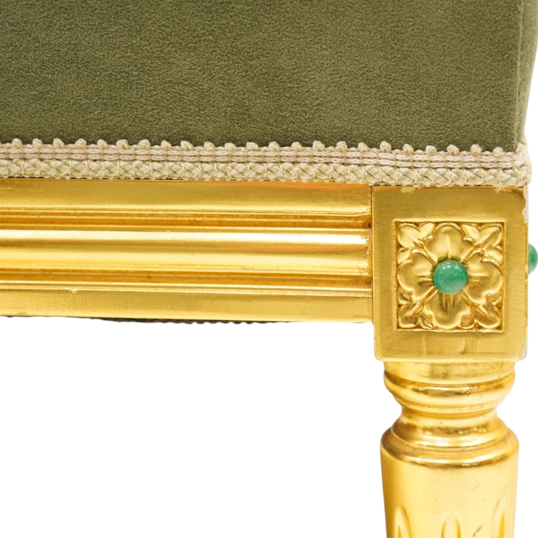 Meritalia - French Empire design gilt framed armchair, the high back over scrolled arm terminals, reeded bottom rail over fluted tapering supports, upholstered in sage green and cream lozenge patterned suede fabric with loose seat cushion
Notes: By vendor's repute originally commissioned in the 1990s by Prince Jefri Bolkiah and the Brunei royal family for use in guest suites.