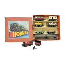 Hornby/Meccano ‘0’ gauge - 0-4-0 locomotive and tender no.3435 in red, passenger coach, goods wagons and track in Hornby Trains Tank Goods Set no.40 box 