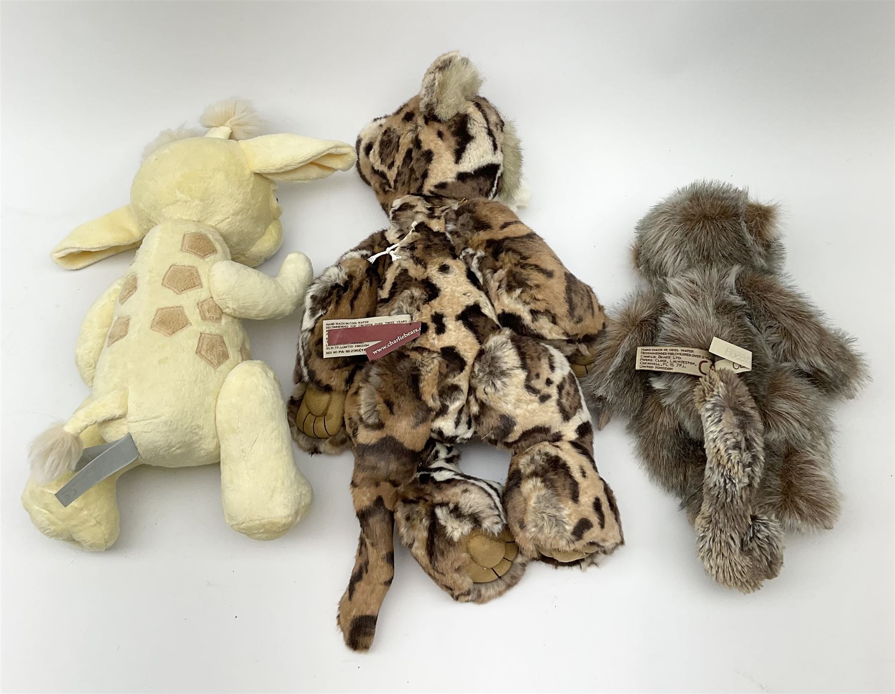 Three Charlie Bears wild animals - 'Annuska' leopard with metal key pendant and card name tag H43cm; 'Gaston Giraffe' ; and 'Pimky the Monkey' CB161656B; no carry bags (3)