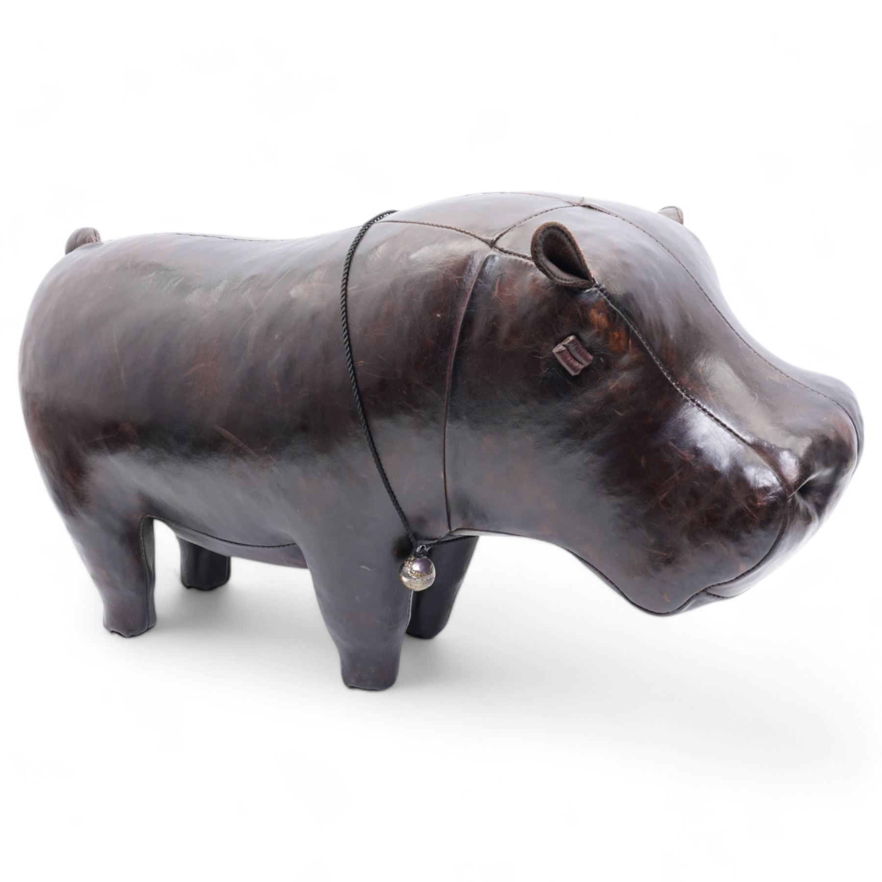 Omersa leather footstool in the form of hippopotamus, with silver 'The World of Thomas Sabo' charm collar, with original retail card tag, W80cm 