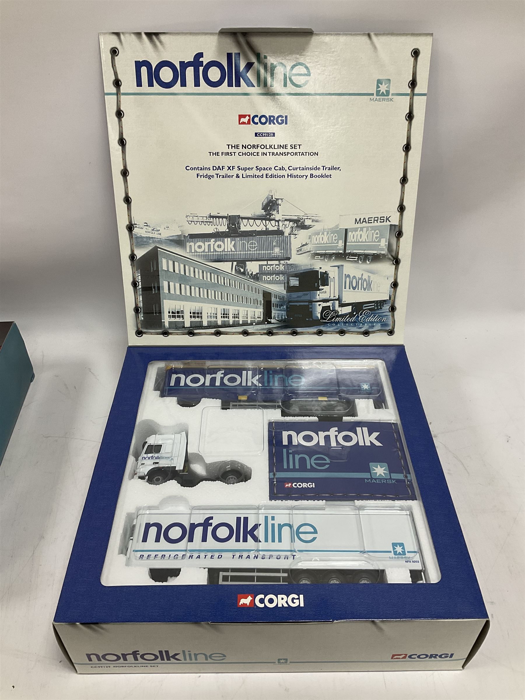 Corgi - two limited edition 1:50 scale heavy haulage vehicle sets comprising CC99129 Norfolk Line with DAF XF Super Space Cab, Curtainside Trailer, Fridge Trailer and History Booklet; and CC99130 Pollock (Scotrans) Ltd. Musselburgh with three fleet tractor units, curtainside trailer and History Booklet; both boxed (2)