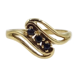 9ct gold three stone sapphire ring, hallmarked