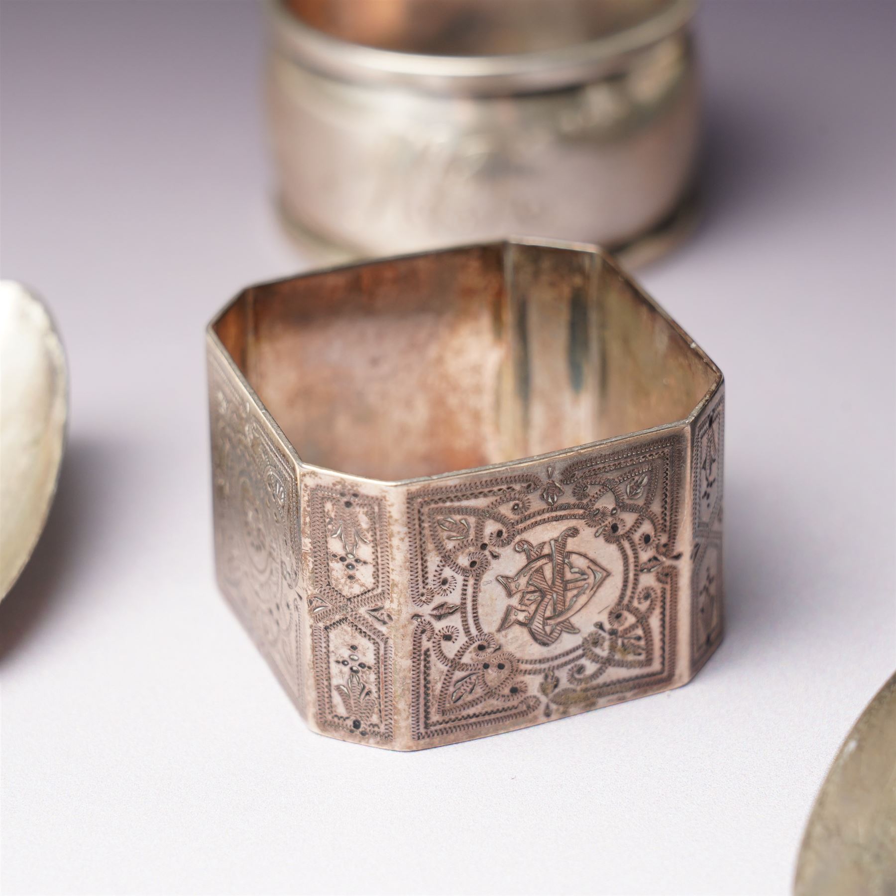 Cased set of six silver tea spoons Sheffield 1958, vour various silver napkin rings, Victorian christening spoon and fork, silver dessert fork and three tea spoons