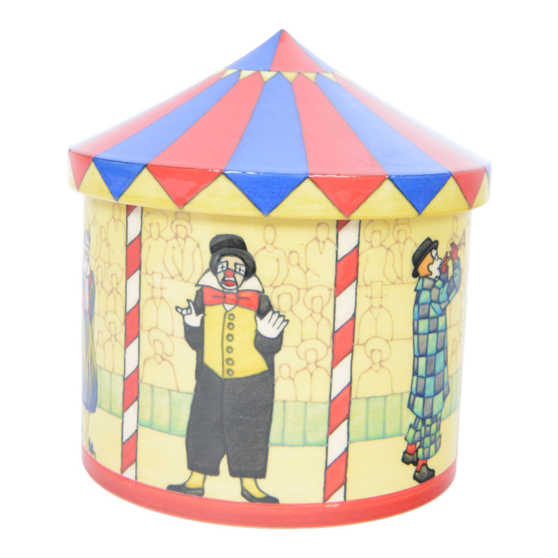 Dennis Chinaworks circus tent jar, designed by Sally Tiffin, the body decorated with clowns, upon a yellow ground, the lid decorated as a circus top, limited edition 12/25, impressed and painted marks beneath 