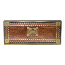 19th century rosewood writing slope, of rectangular form, the hinged cover and front with inlaid foliate engraved brass corner panels, and inlaid marquetry and brass diamond borders, the cover with foliate engraved and named central plaque, opening to reveal a fitted and compartmented interior with gilt tooled black leather slope, H21cm W50cm D28.5cm