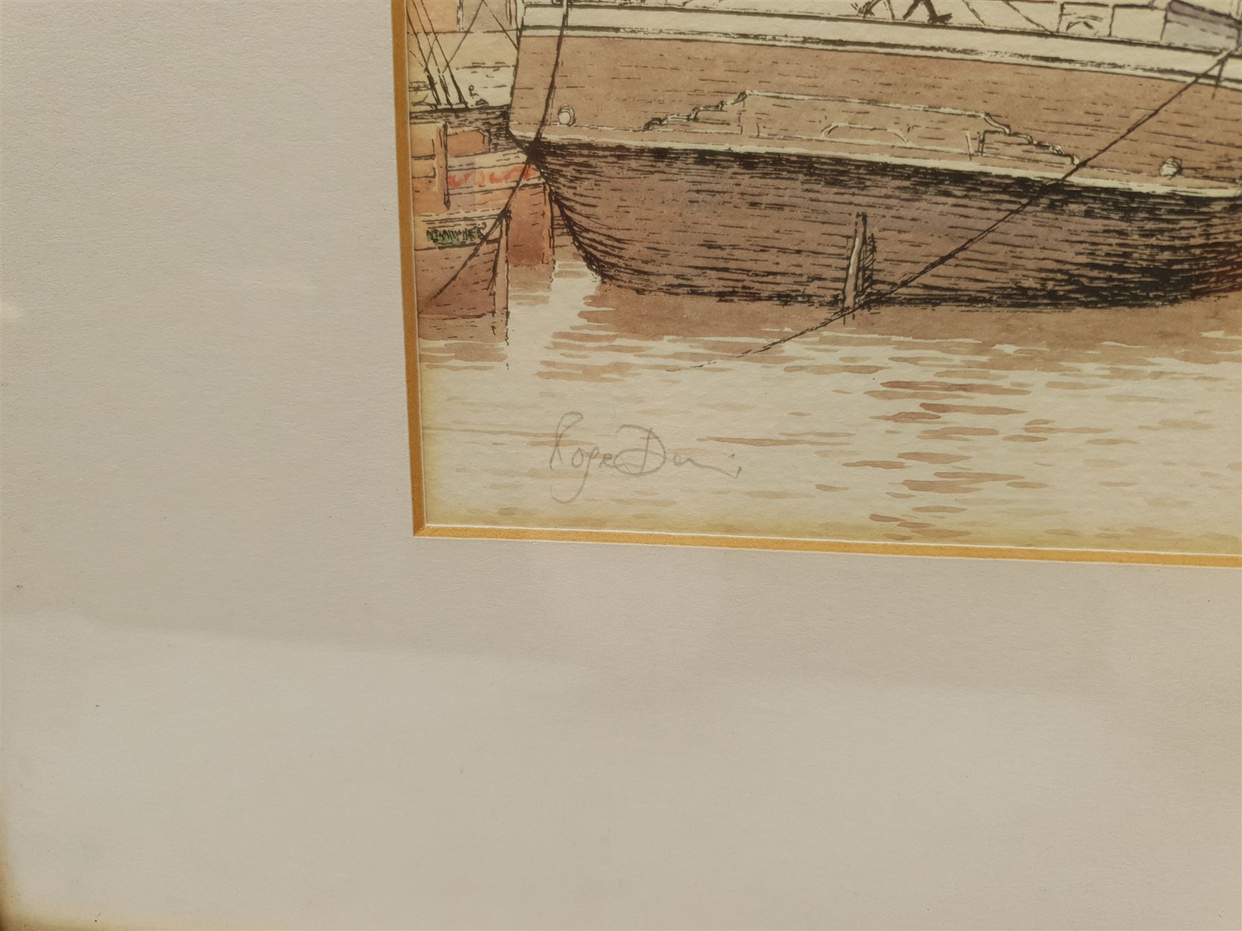 Roger Davies (British 1945-): 'Prince's Dock Hull c.1900' and Boats at Sea, three overpainted prints signed in pencil 23cm x 30cm (3)