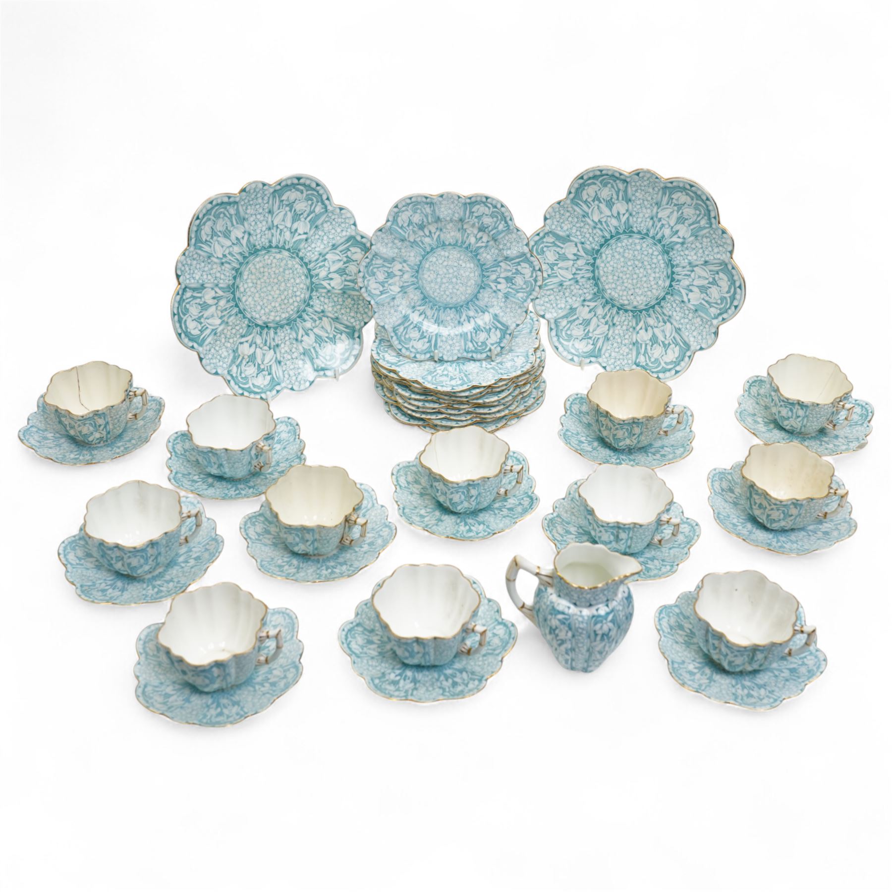 Early 20th century Foley tea service for twelve designed by Charles Wileman, comprising twelve teacups, twelve saucers, eleven side plates, two serving plates and a cream jug