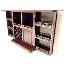 Chinese rosewood cocktail bar, hinge folding top, above two cupboard doors enclosing fitted interior, platform base