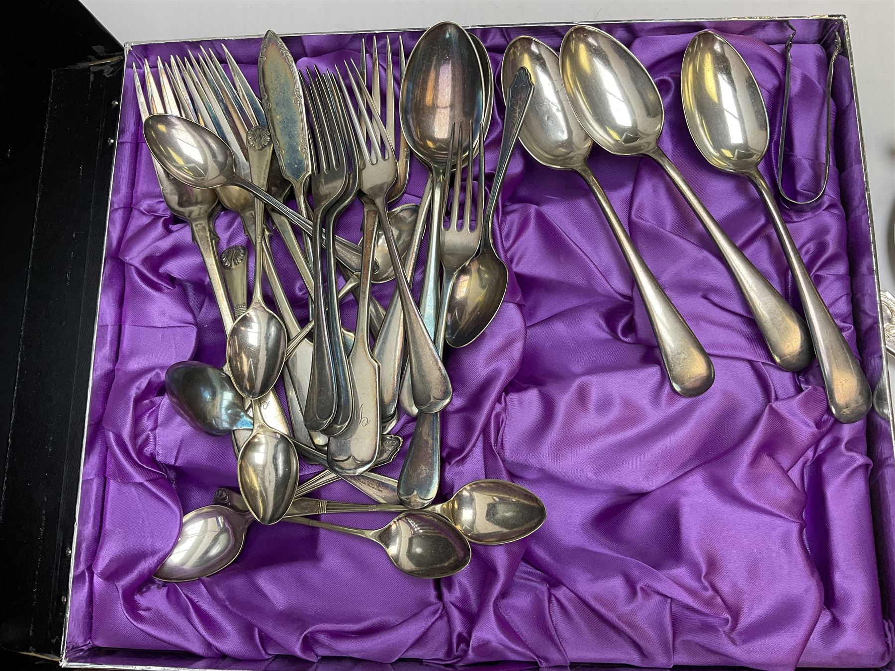 Silver mounted glass cruet set, Hallmark Walker & Hall, together with silver plate cased canteen, tea set etc