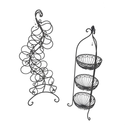  Shaped wrought metal bottle rack (H102cm) and a similar fruit stand (H94cm (2)  