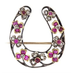 Victorian silver and gold horseshoe brooch set with rose cut diamonds and rubies