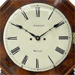 Charles Johnson of Wigan - mid-19th century twin fusee mahogany drop-dial wall clock, with an octagonal dial surround with brass inlay, carved fan ears to the glazed box with pendulum adjustment door, 12