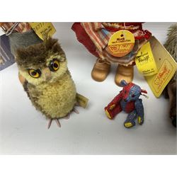 Group of Steiff figures, comprising Mikki and Mukki, circa 1950s no 7628/12 and 7627/12, with original tags, two hedgehogs no 1570/10, and another smaller 1670/03, small owl no 7480/06, and painted metal Steiff harlequin style bear