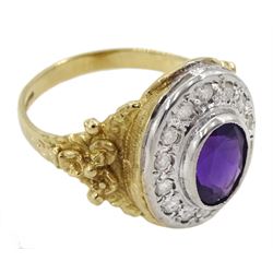 9ct gold oval amethyst and diamond cluster ring, with textured flower design shoulders, hallmarked