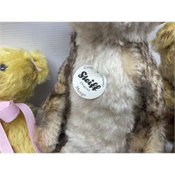 Seven modern Steiff teddy bears comprising two limited edition '1908 Paul the Growler' bears Nos.1124/3000 and 1310/3000; 028649 Classic Teddybear 23; 005992 Classic Teddybear 28 (black); 071249 Mungo Meerkat 30; 079139 Reclining dog for American Kennel Club; and 029561 Petsy gespitzt (1928) 16cm; together with a Mrs. McCatty's limited edition 2156 Sophie bear No.1557/1750; all unboxed but most with labels (8)