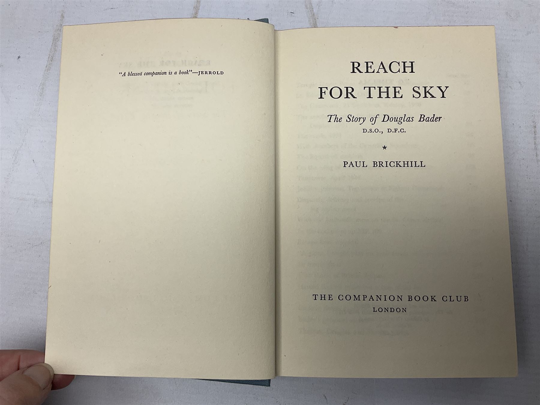 Douglas Bader signature - Reach For The Sky by Paul Brickhill. 1955 Companion Book Club Edition. Signed on the fep and dated 8/10/79.