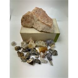 Collection of raw Blue John specimens, together with other mineral specimens