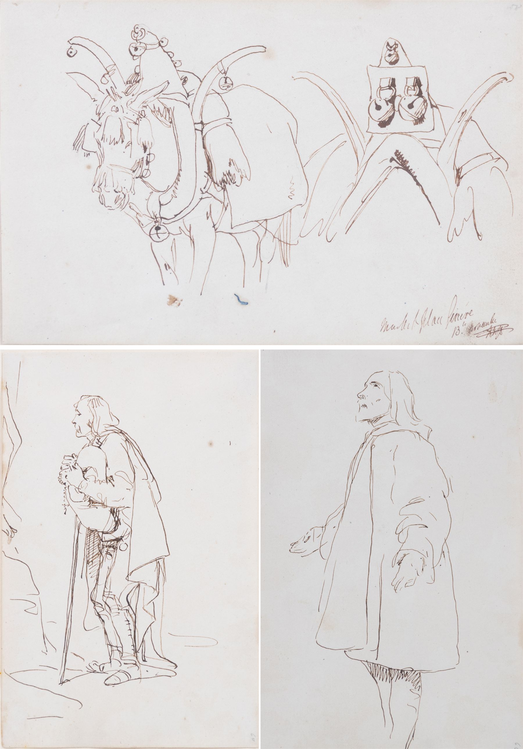 Swiss/French School (19th century): Donkey Heading to Market and Figural Studies, three ink sketches, one indistinctly signed and inscribed, max 17cm x 11cm (3)