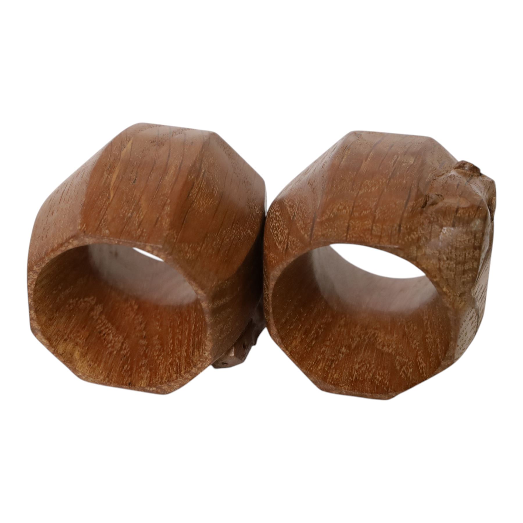 Mouseman - pair of dark oak napkin rings, of bulbous octagonal form with signature mouse carving by Robert Thompson of Kilburn
