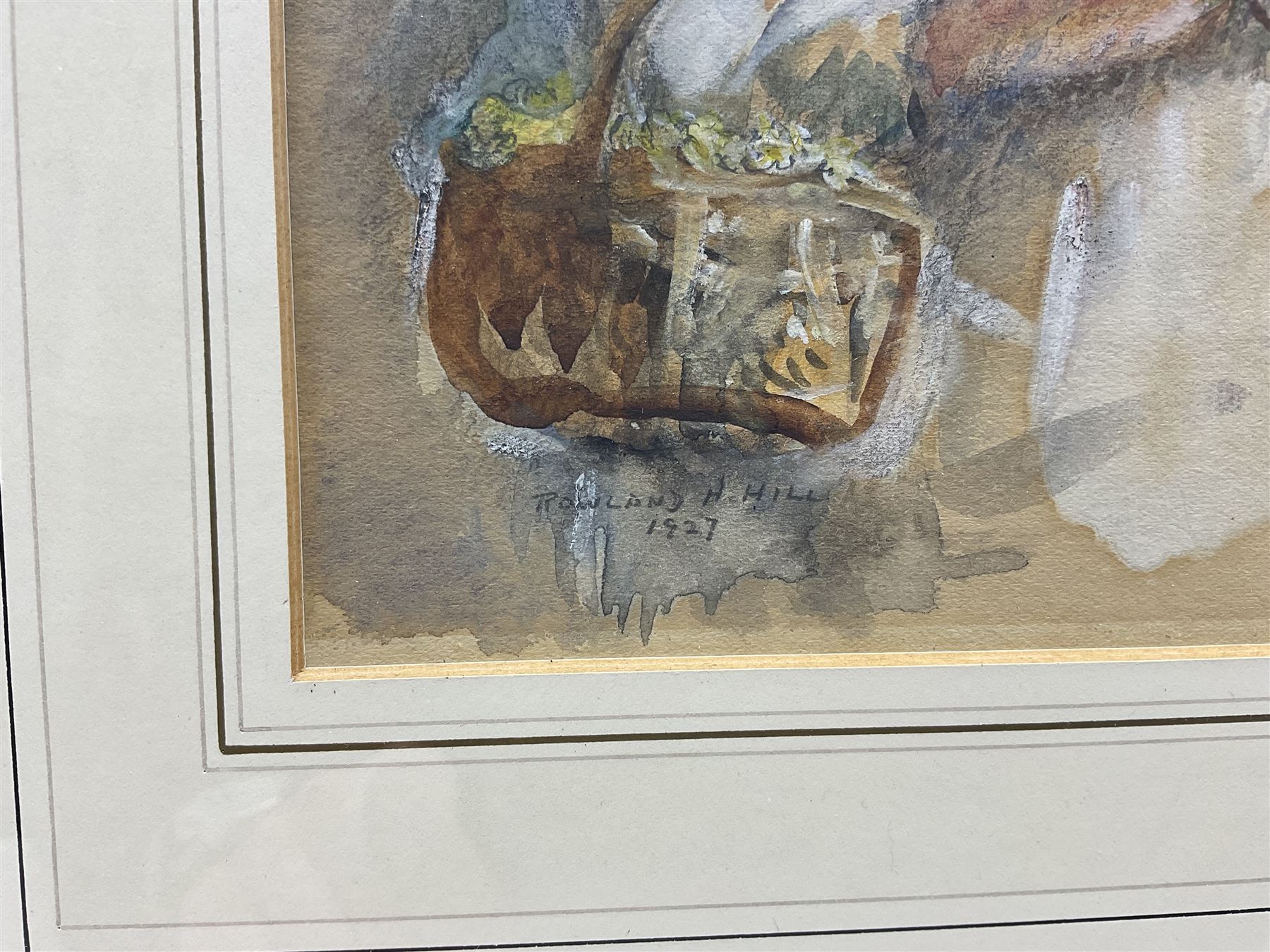 Rowland Henry Hill (Staithes Group 1873-1952): Young Girl with Primroses, watercolour heightened in white signed and dated 1927, 26cm x 17.5cm 
Provenance: exh. T B & R Jordan 'Staithes Group Exhibition', Pannett Gallery Whitby, July 2016, facsimile catalogue verso