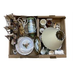 Collection of assorted collectables related to maritime, including, metal table lamp, wooden model of H.M.S victory, various tankards and collectors plates, etc, two boxes  